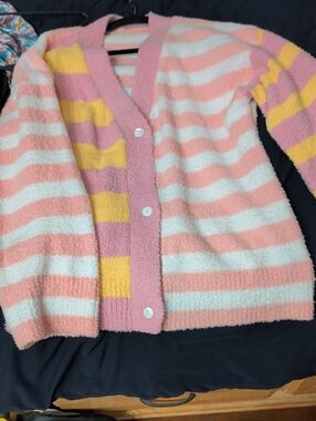 Cozy Striped Button-Front Women's Cardigan - Pink, White & Yellow